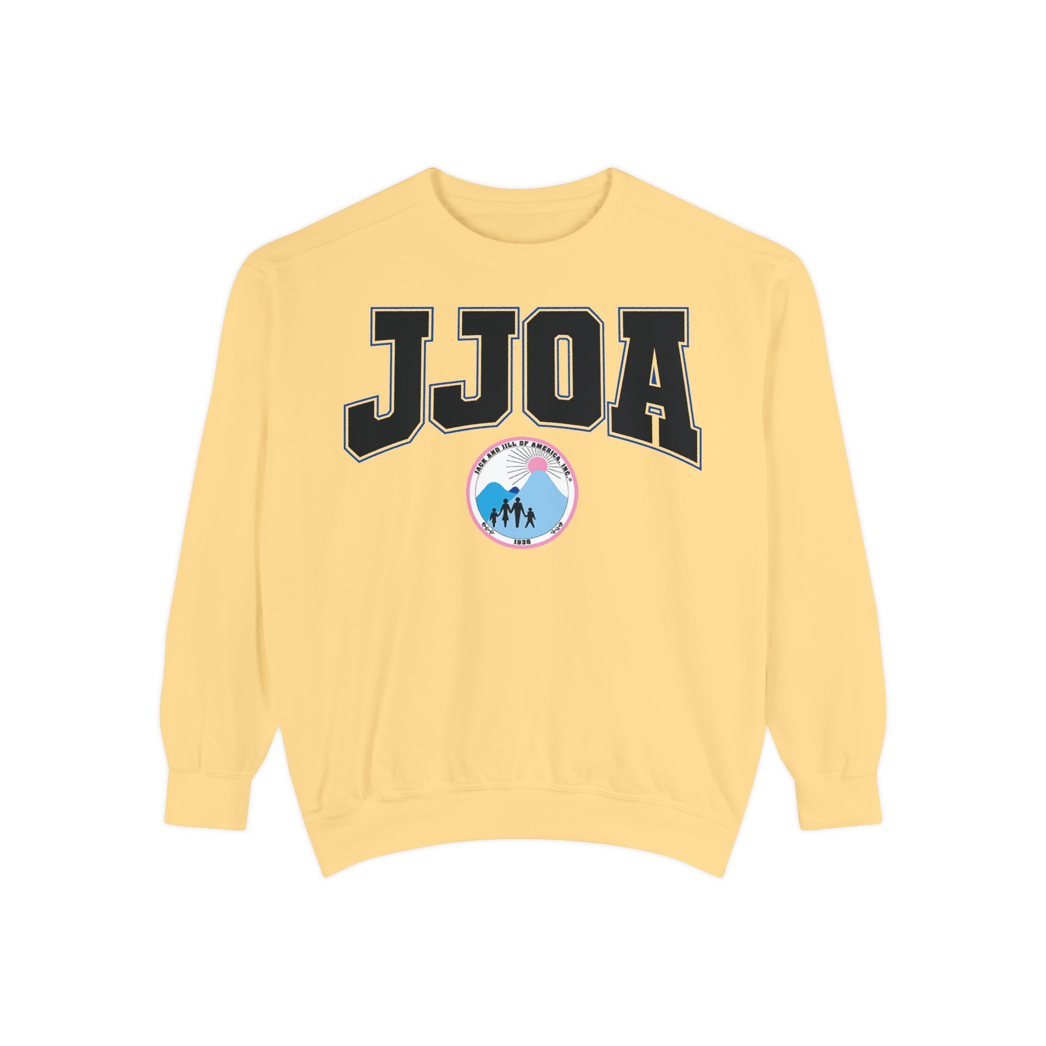 JJOA Vintage Logo Sweatshirt — Pastel Yellow Crewneck with Retro Patch