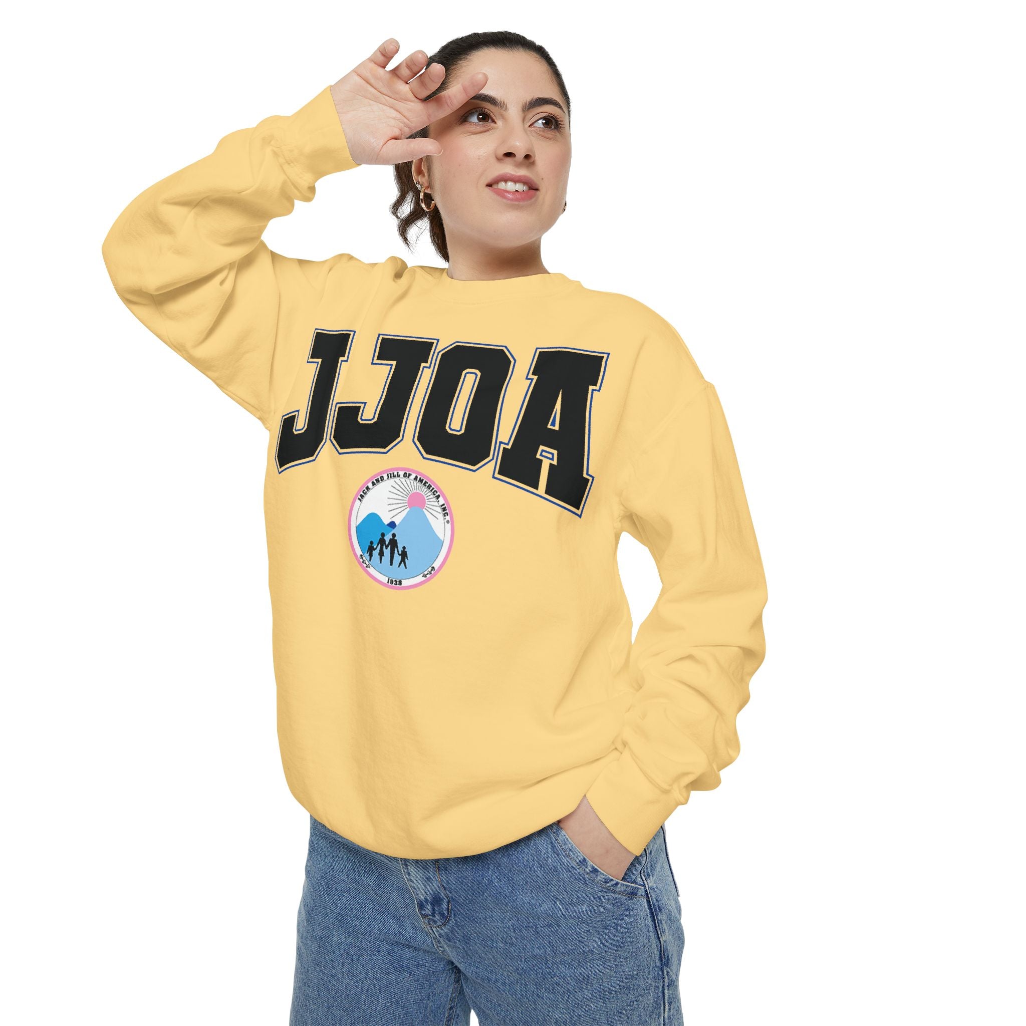 JJOA Vintage Logo Sweatshirt — Pastel Yellow Crewneck with Retro Patch
