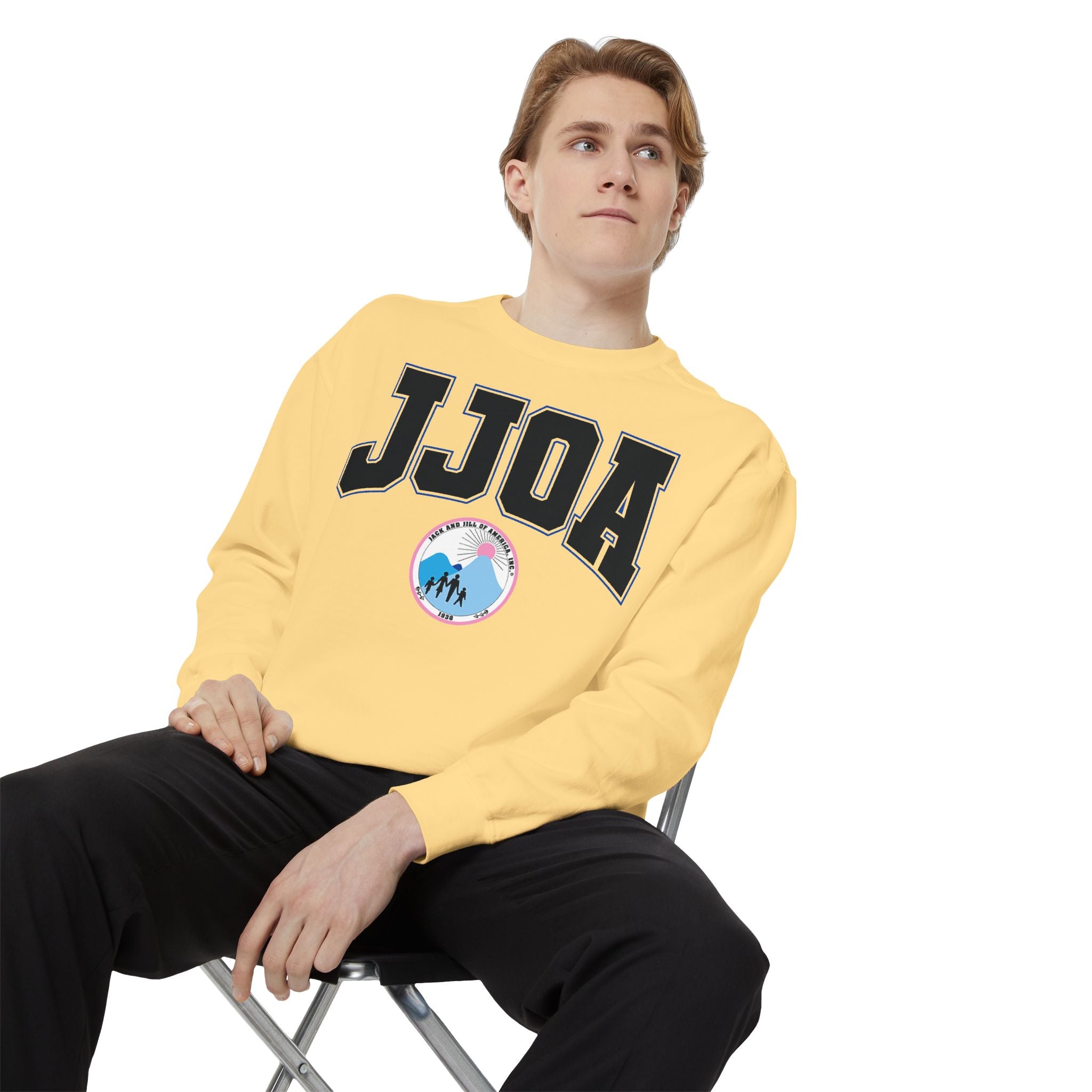 JJOA Vintage Logo Sweatshirt — Pastel Yellow Crewneck with Retro Patch